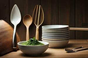 a bowl of green pesto with spoons and utensils. AI-Generated photo