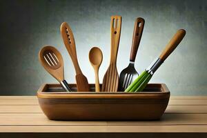 a wooden bowl with utensils in it. AI-Generated photo