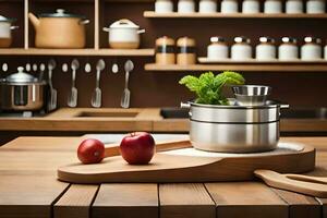 a wooden cutting board with an apple and a pot on it. AI-Generated photo