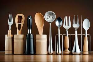 a group of utensils including spoons, forks and knives. AI-Generated photo