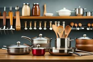 a kitchen with many pots and pans on a shelf. AI-Generated photo