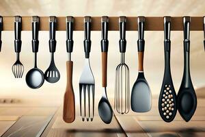 a rack of utensils hanging on a wooden surface. AI-Generated photo