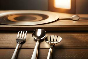 a silverware set on a wooden table. AI-Generated photo