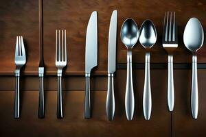 a set of silverware on a wooden table. AI-Generated photo