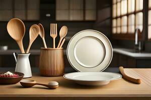 a kitchen table with utensils and dishes. AI-Generated photo