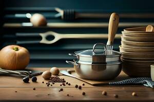 kitchen utensils on wooden table. AI-Generated photo