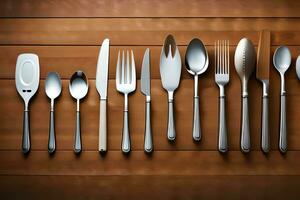 a collection of silverware on a wooden table. AI-Generated photo