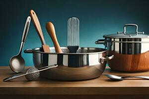 a set of kitchen utensils and a pot on a table. AI-Generated photo