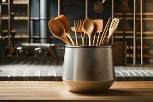 a metal pot with wooden utensils in it. AI-Generated photo