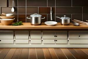 a kitchen with pots and pans on a wooden counter. AI-Generated photo