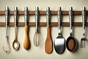 a group of utensils are hanging on a wooden rack. AI-Generated photo