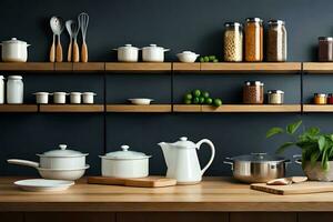a kitchen with shelves and pots and pans. AI-Generated photo