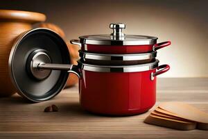 red pot with lid and wooden spoon on wooden table. AI-Generated photo