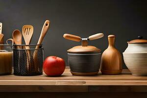 varios de madera utensilios y manzanas en un mesa. generado por ai foto