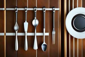 a set of silverware and utensils hanging on a wall. AI-Generated photo