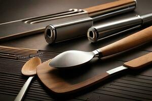un variedad de utensilios y cucharas en un mesa. generado por ai foto