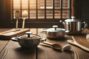 kitchen utensils on wooden table with sunlight. AI-Generated photo