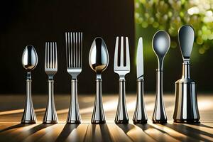 a set of silverware on a wooden table. AI-Generated photo