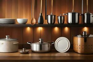 a kitchen with many pots and pans on a shelf. AI-Generated photo