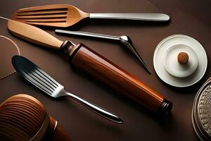 a collection of utensils and spoons on a brown surface. AI-Generated photo