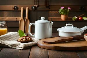 a wooden table with a wooden cutting board, a wooden spoon, and a bowl of fruit. AI-Generated photo