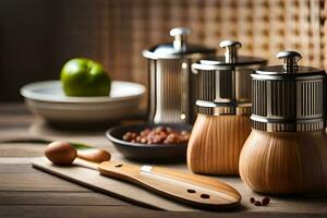 a wooden table with a wooden spoon, pepper grinder and wooden spoon. AI-Generated photo