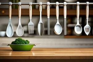 a kitchen utensil rack with several spoons and forks hanging from it. AI-Generated photo