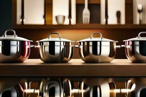 five stainless steel pots and pans on a counter. AI-Generated photo