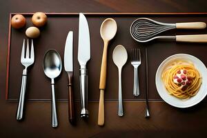 a plate with a bowl of spaghetti, a knife, fork and spoon. AI-Generated photo