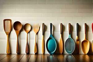 a row of wooden utensils lined up against a wall. AI-Generated photo