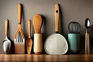 a group of utensils are lined up against a wall. AI-Generated photo