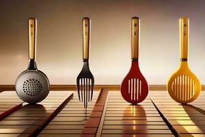 four different utensils are lined up on a table. AI-Generated photo