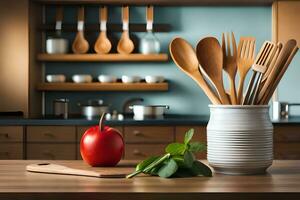 a wooden utensils and an apple on a kitchen counter. AI-Generated photo