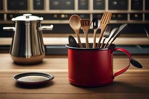 a red mug with utensils sitting on a table. AI-Generated photo