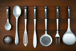 a set of kitchen utensils on a wooden table. AI-Generated photo