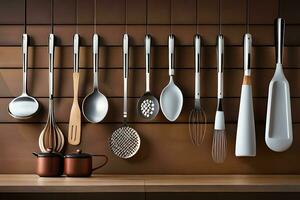 a wall of kitchen utensils hanging on a wooden shelf. AI-Generated photo