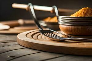 a wooden cutting board with a bowl of spices. AI-Generated photo