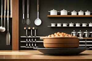 a kitchen with a pot on top of a shelf. AI-Generated photo