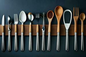 a group of silverware and spoons on a wooden shelf. AI-Generated photo