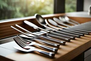 a row of silverware on a wooden shelf. AI-Generated photo