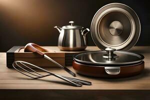 un conjunto de cocina utensilios en un de madera mesa. generado por ai foto