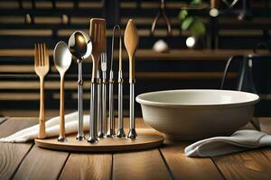 a bowl of silverware and utensils on a wooden table. AI-Generated photo