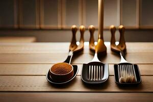 three spoons and a spoon sitting on a wooden table. AI-Generated photo