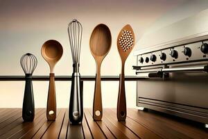 a group of wooden utensils are lined up on a counter. AI-Generated photo