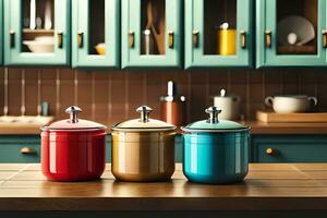 three colorful canisters sit on a counter in a kitchen. AI-Generated photo
