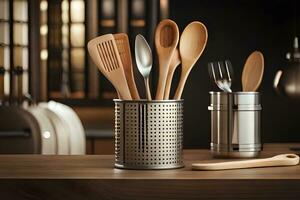 a wooden utensil holder with wooden utensils on a table. AI-Generated photo