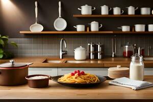 a kitchen with a wooden table and a bowl of pasta. AI-Generated photo