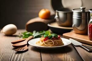 spaghetti with tomato sauce and vegetables on a plate. AI-Generated photo