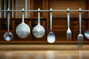 a set of silver utensils hanging on a rack. AI-Generated photo