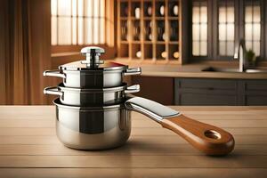 a stainless steel pot with a wooden handle. AI-Generated photo